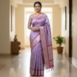 Lavender Pure Silk Saree With Silver Leaf Motifs With The Combination Of Pink Magenta Zari Border