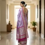 Lavender Pure Silk Saree With Silver Leaf Motifs With The Combination Of Pink Magenta Zari Border - Image 3