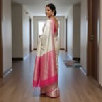 Exquisite Off-White & Rani Pink Kanchipuram Silk Saree - Image 3