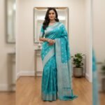 Elegant Turquoise Blue Banarasi Silk Saree with Silver Zari Floral Brocade