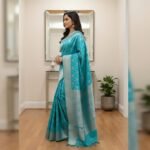 Elegant Turquoise Blue Banarasi Silk Saree with Silver Zari Floral Brocade - Image 2