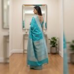 Elegant Turquoise Blue Banarasi Silk Saree with Silver Zari Floral Brocade - Image 3