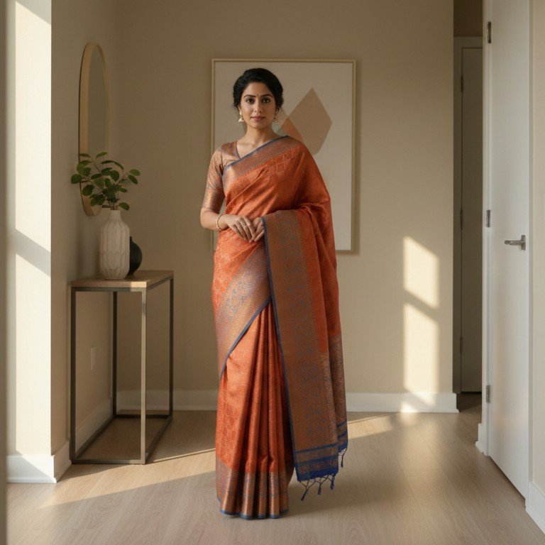 Earthy Rust Slate Blue Brocade Silk Saree