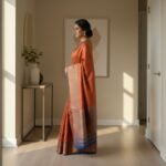 Earthy Rust Slate Blue Brocade Silk Saree - Image 2