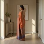 Earthy Rust Slate Blue Brocade Silk Saree - Image 3