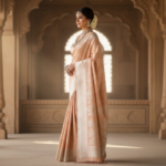 Peach Banarasi Silk Saree with Silver Floral Weave - Image 2