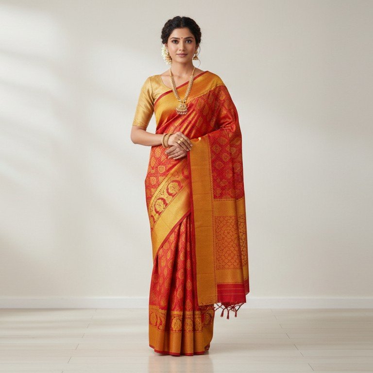 1769926200590~2 Royal Crimson Red Kanchipuram Silk Saree with Antique Gold Zari Border - Image 1