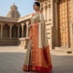 Golden Ivory Banarasi Silk Saree with Crimson Heritage Border - Image 2