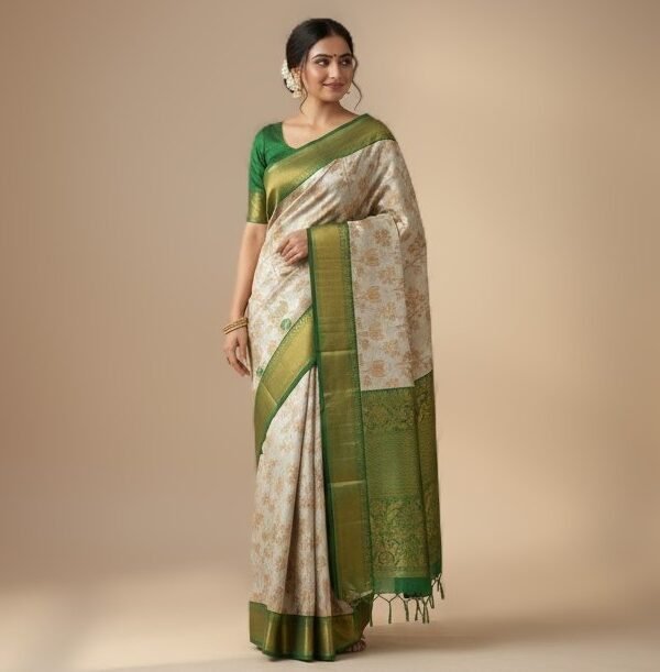 Elegant Cream & Emerald Green Banarasi Silk Saree