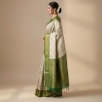 Elegant Cream & Emerald Green Banarasi Silk Saree - Image 2