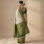 Elegant Cream & Emerald Green Banarasi Silk Saree - Image 3