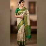Elegant Cream & Emerald Green Banarasi Silk Saree