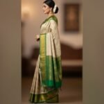 Elegant Cream & Emerald Green Banarasi Silk Saree - Image 2