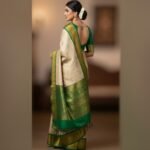 Elegant Cream & Emerald Green Banarasi Silk Saree - Image 3