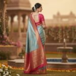 Teal Blue & Rani Pink Kanjivaram Silk Saree with Antique Gold Zari - Image 3