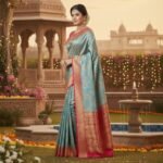 Teal Blue & Rani Pink Kanjivaram Silk Saree with Antique Gold Zari - Image 2