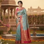 Teal Blue & Rani Pink Kanjivaram Silk Saree with Antique Gold Zari