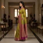 Regal Olive & Magenta Kanchipuram Silk Saree with Traditional Zari Border - Image 2