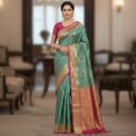 ​Sea Green & Magenta Kanjeevaram Silk Saree with Intricate Gold Zari Weave