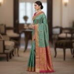 ​Sea Green & Magenta Kanjeevaram Silk Saree with Intricate Gold Zari Weave - Image 2
