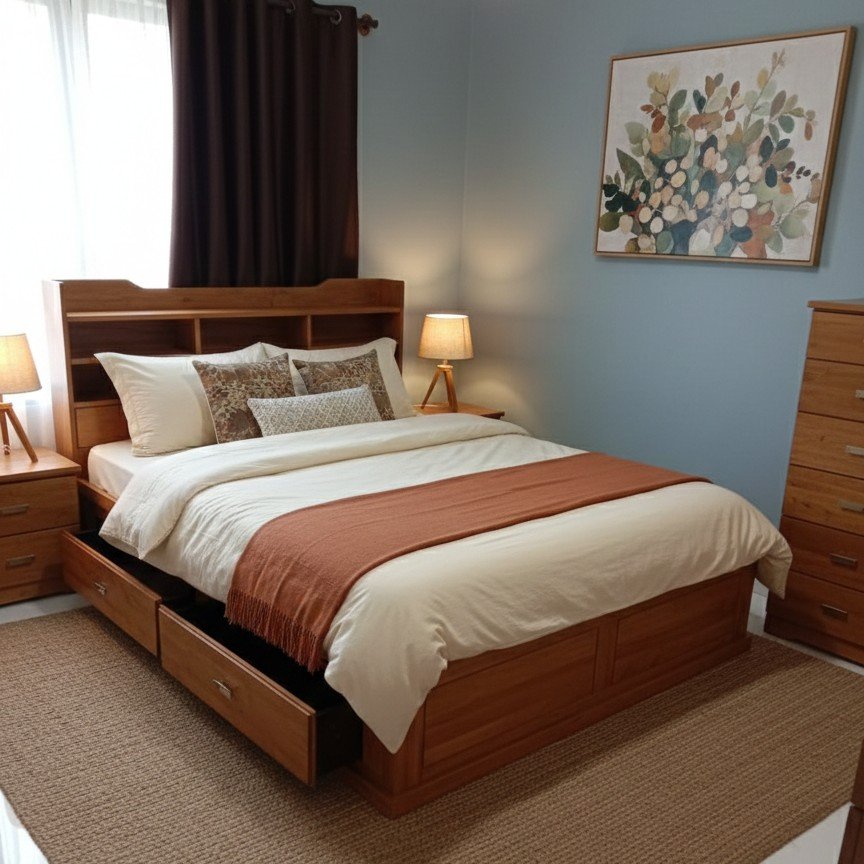 1770017143227~2 Modern Solid Wood Queen Storage Bed Frame with Integrated Headboard Shelving - Image 1