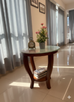 Elegant Oval Glass-Top Teapoy – Solid Wood Accent Table with Storage Shelf - Image 3