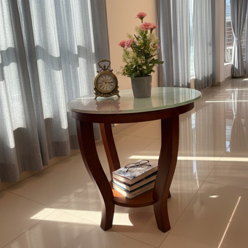 1770028421795~2 Elegant Oval Glass-Top Teapoy – Solid Wood Accent Table with Storage Shelf - Image 1