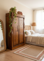 Handcrafted Solid Teak Wardrobe with Diamond Carvings & Curved Accents