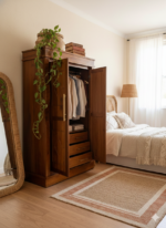 Handcrafted Solid Teak Wardrobe with Diamond Carvings & Curved Accents - Image 2