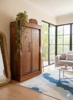 Handcrafted Solid Teak Wardrobe with Diamond Carvings & Curved Accents - Image 3