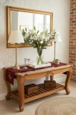 Hand-Carved Teak Wood Coffee Table with Smoked Glass Top
