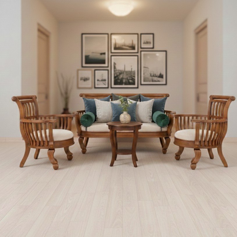 Classic Hand-Carved Teak Wood 3-Seater Sofa Set with Elegant Slatted Detail