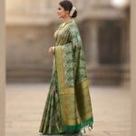 Elegant Forest Green & Gold Banarasi Silk Saree with Intricate Floral Brocade - Image 2