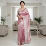 Rose Pink & Silver Zari Banarasi Silk Saree with Geometric Weave