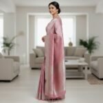 Rose Pink & Silver Zari Banarasi Silk Saree with Geometric Weave - Image 2