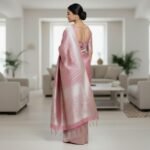Rose Pink & Silver Zari Banarasi Silk Saree with Geometric Weave - Image 3