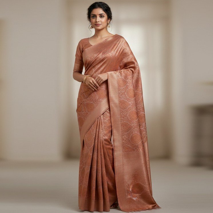1770273018076~2 Elegant Rose-Gold Banarasi Silk Saree with Intricate Jacquard Weaving - Image 1