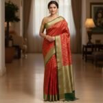 Regal Crimson Banarasi Silk Saree with Contrast Bottle Green Border