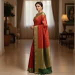 Regal Crimson Banarasi Silk Saree with Contrast Bottle Green Border - Image 2