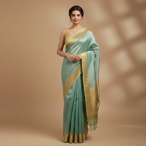 1770275200486~2 Royal Seafoam & Antique Gold Kanchipuram Silk Saree - Image 1