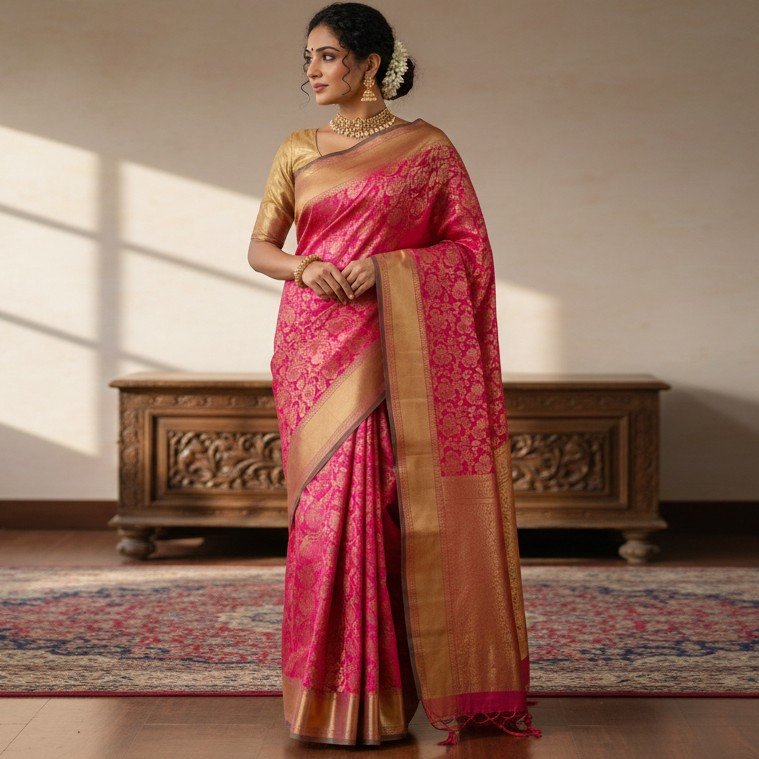 1770275690068~2 Exquisite Fuchsia Pink Kanchipuram Silk Saree with Gold Zari & Tassel Detail - Image 1