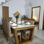 Modern Teak Wood 6-Seater Dining Set with Glass Top & Fabric Upholstery