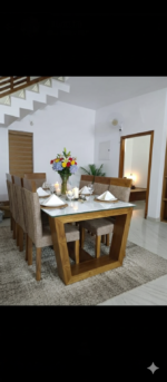 Modern Teak Wood 6-Seater Dining Set with Glass Top & Fabric Upholstery