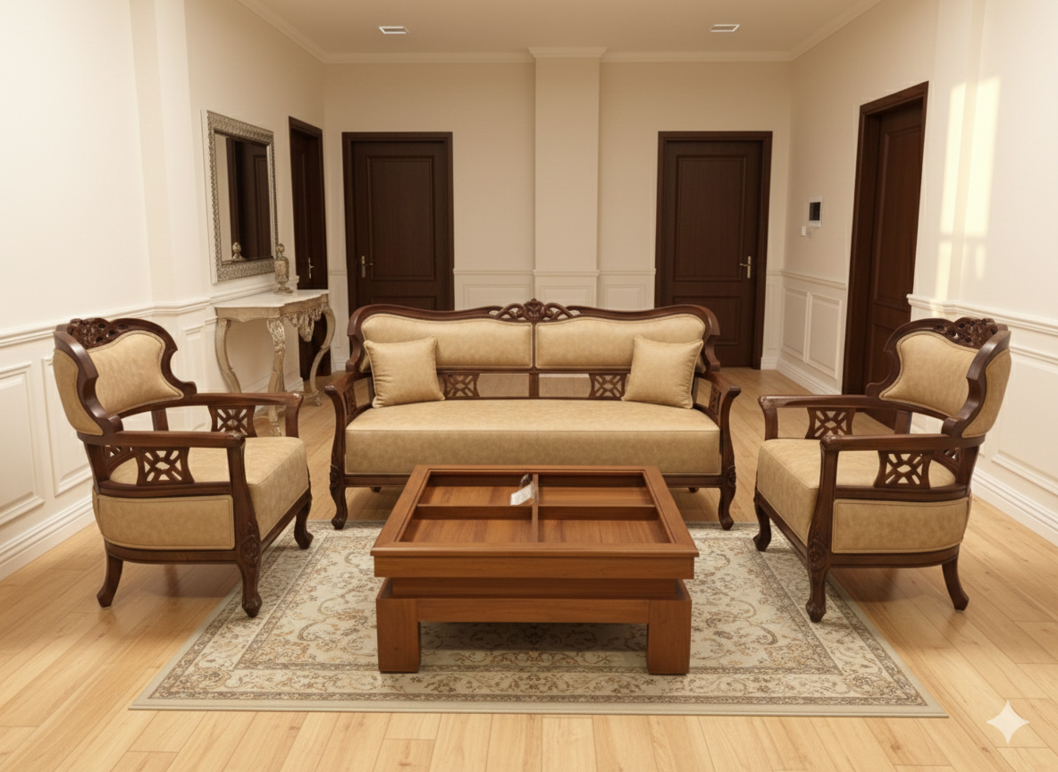 1770280565745 Royal Victoria Hand-Carved Teak Wood Sofa Set – 5 Seater with Partitioned Coffee Table - Image 1