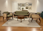 Mid-Century Modern Olive Velvet & Cane Sofa Set - Image 2