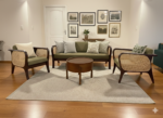 Mid-Century Modern Olive Velvet & Cane Sofa Set