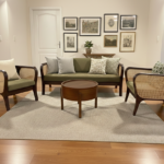 Mid-Century Modern Olive Velvet & Cane Sofa Set