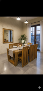 Handcrafted Solid Wood 6-Seater Dining Set with Glass Top & Slatted High-Back Chairs - Image 2