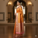 Sunset Gold & Rose Pink Handloom Banarasi Silk Saree - Image 2