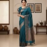 Elegant Peacock Teal Handloom Silk Saree with Antique Gold Zari Border